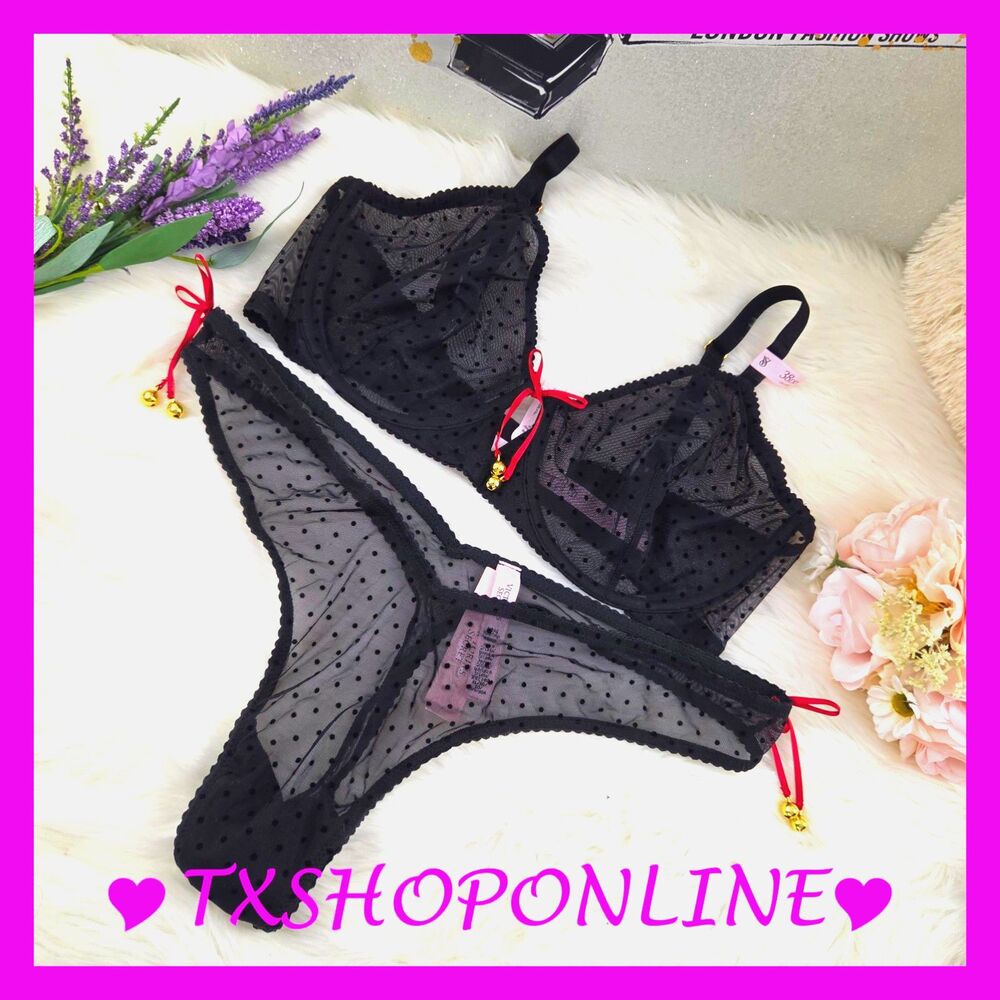 💗👙Victoria's Secret Jingle Bells Mesh Unlined Bra & thong Set👙💗